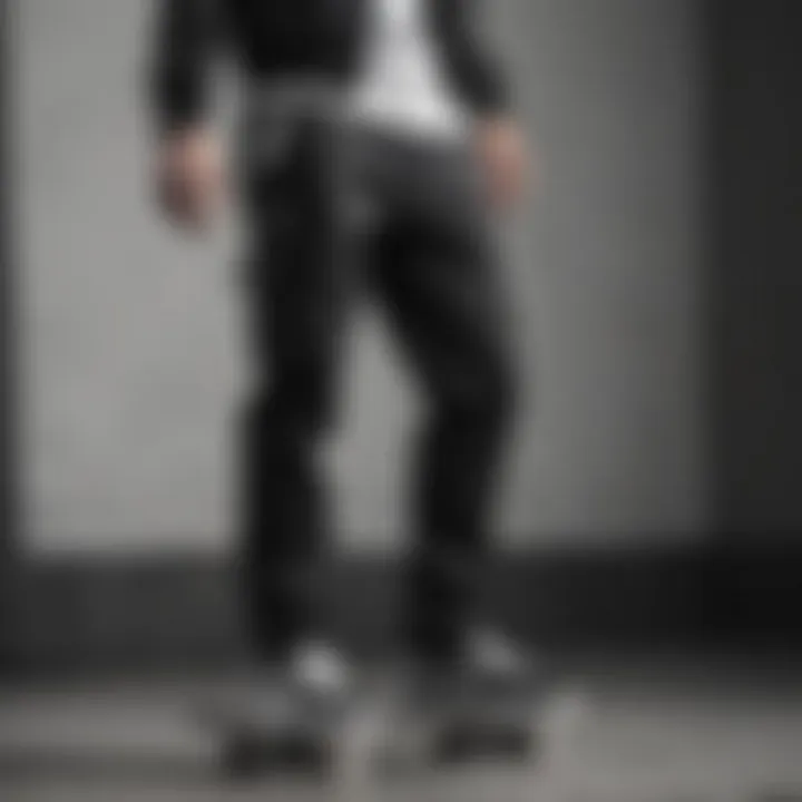 Stylish skateboarder pairing black and white pants with gear