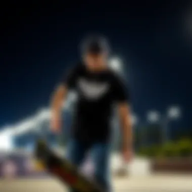 Skateboarder wearing a black t-shirt, showcasing culture influence