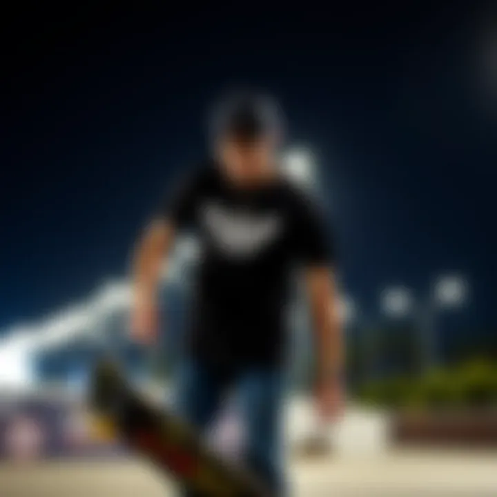 Skateboarder wearing a black t-shirt, showcasing culture influence