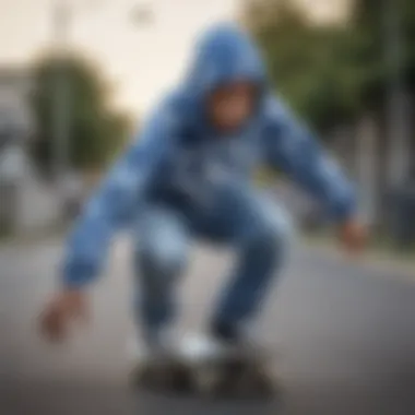 Skateboarder wearing a blue and white tie-dye hoodie in action