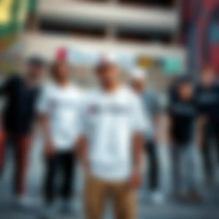 A group of skaters wearing Champion Heritage Tees in an urban skate park setting