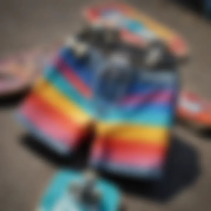 An artistic representation of a variety of color shorts displayed on skateboard decks