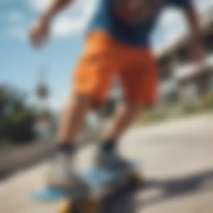 A close-up of a skateboarder showcasing colorful shorts while performing a trick