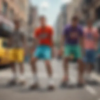 A group of skaters wearing different styles of color shorts in an urban setting