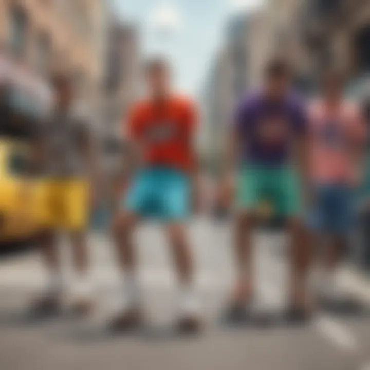 A group of skaters wearing different styles of color shorts in an urban setting