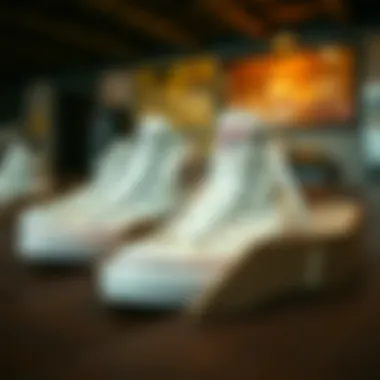 A historical display of Chuck Taylor shoes with emphasis on cream color variants.
