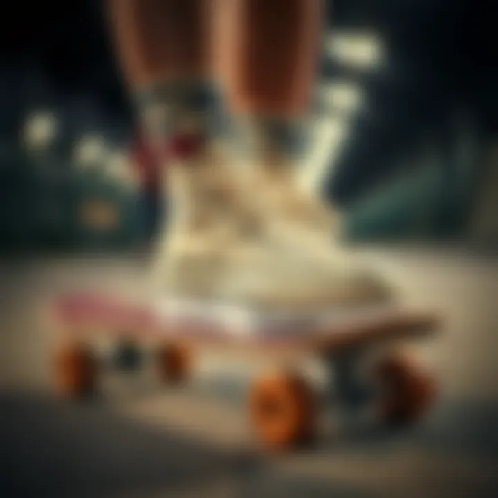 Stylish cream Chuck Taylor high tops on a skateboard