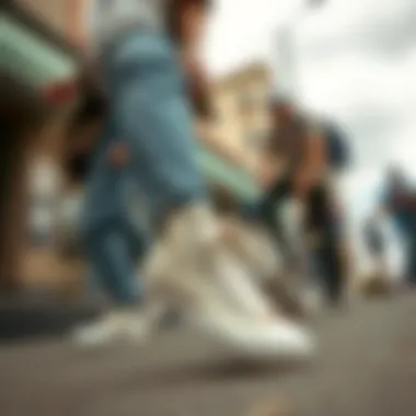 A stylish street scene featuring individuals in cream Chuck Taylor high tops blending fashion and skate culture.