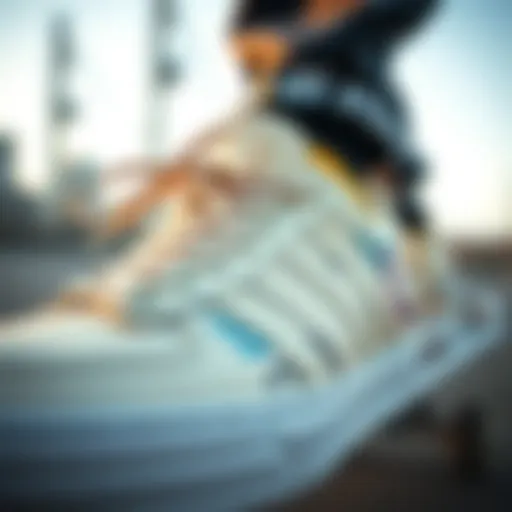 Close-up view of cream skate shoes showcasing intricate design details