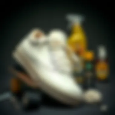 Maintenance tips for cream skate shoes illustrated with cleaning tools and products