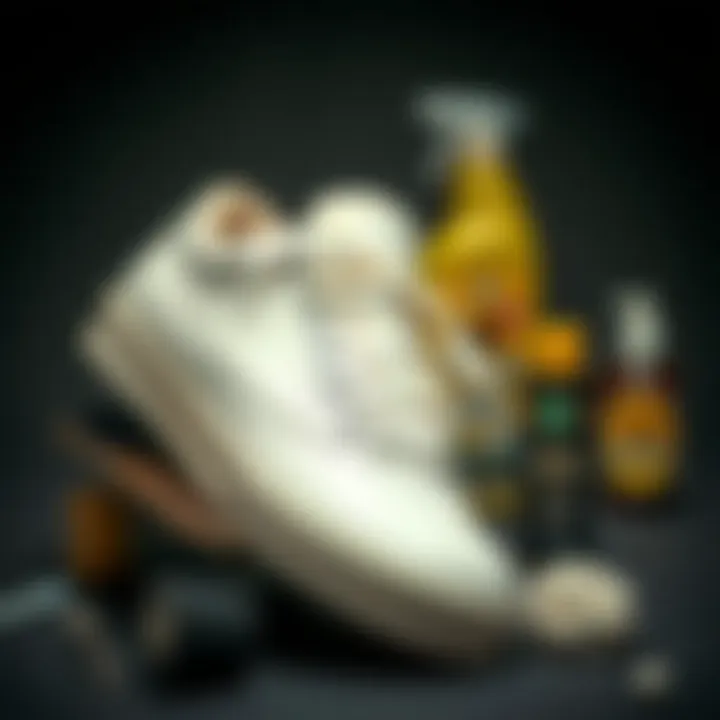 Maintenance tips for cream skate shoes illustrated with cleaning tools and products