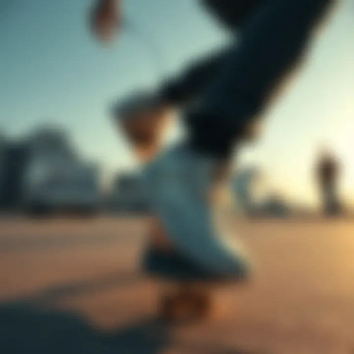 A skater performing tricks while wearing stylish cream skate shoes