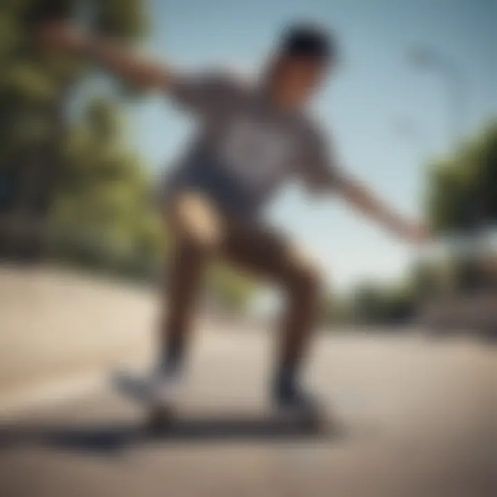 An artistic representation of a skateboarder wearing a peace-themed graphic tee.