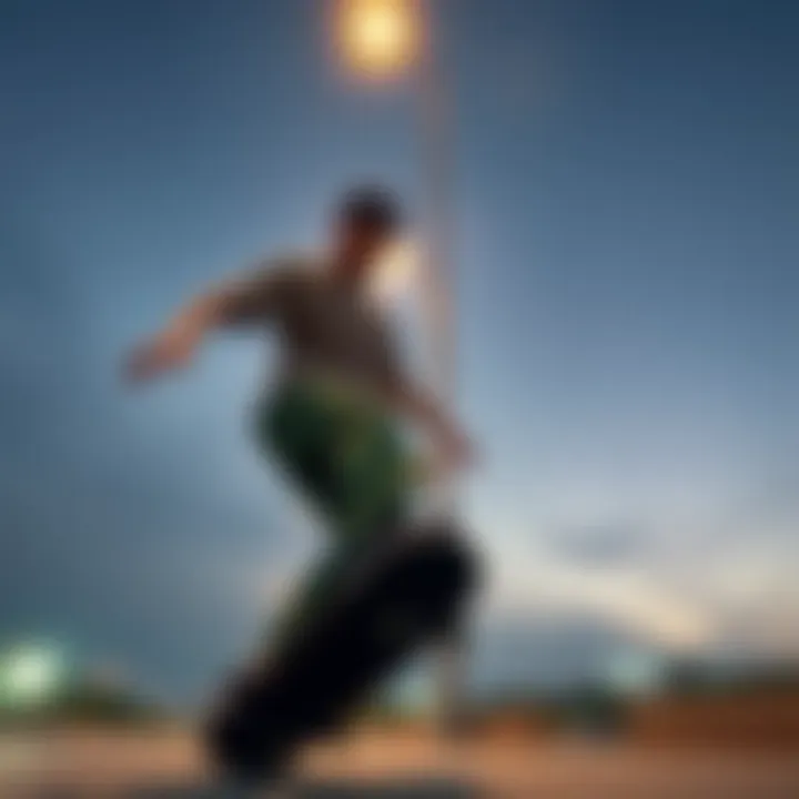 Skateboarder wearing dark green wide leg jeans performing a trick