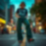 Dark green wide leg jeans styled with a casual top in an urban setting