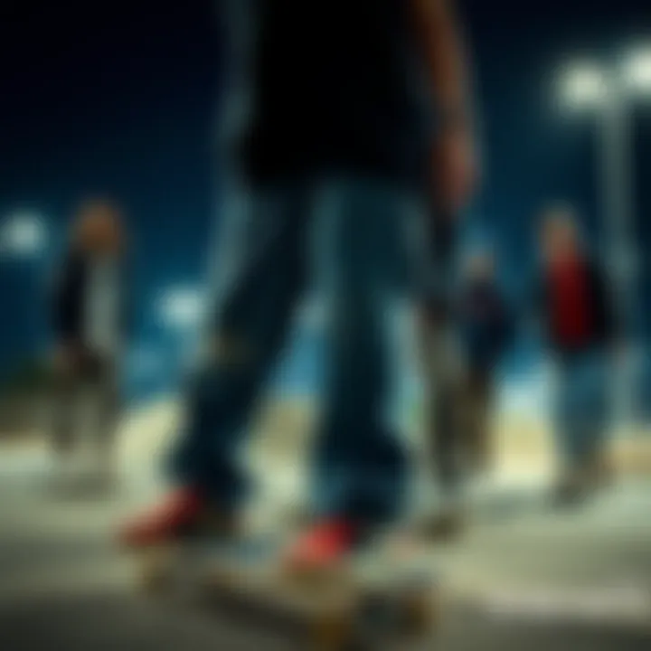 A group of skateboarders wearing Dickies pants, reflecting skate culture.