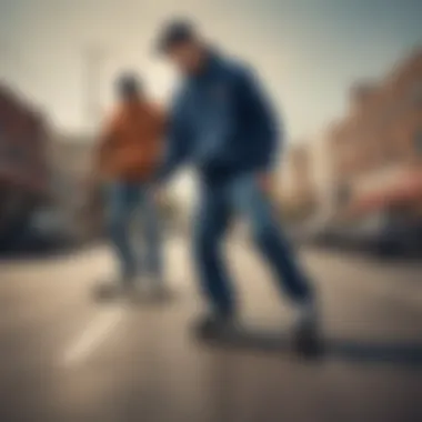 Skateboarders wearing Dickies, highlighting the blend of workwear and skate culture.