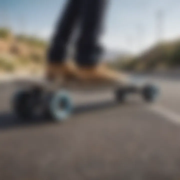 Close-up of an electric skateboard showcasing its design and features