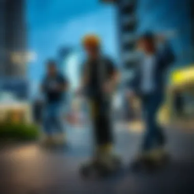 Group of riders enjoying electric skateboarding in urban setting