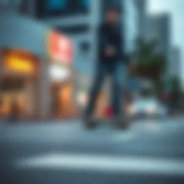 User riding budget-friendly electric skateboard in an urban environment