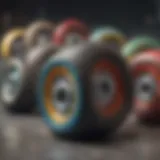 Different types of skateboard wheels displayed on a textured surface