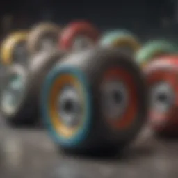 Different types of skateboard wheels displayed on a textured surface