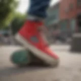 Dynamic action shot of HUF footwear in a skatepark