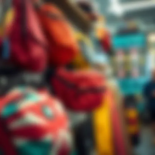Colorful fanny packs displayed in a skate shop