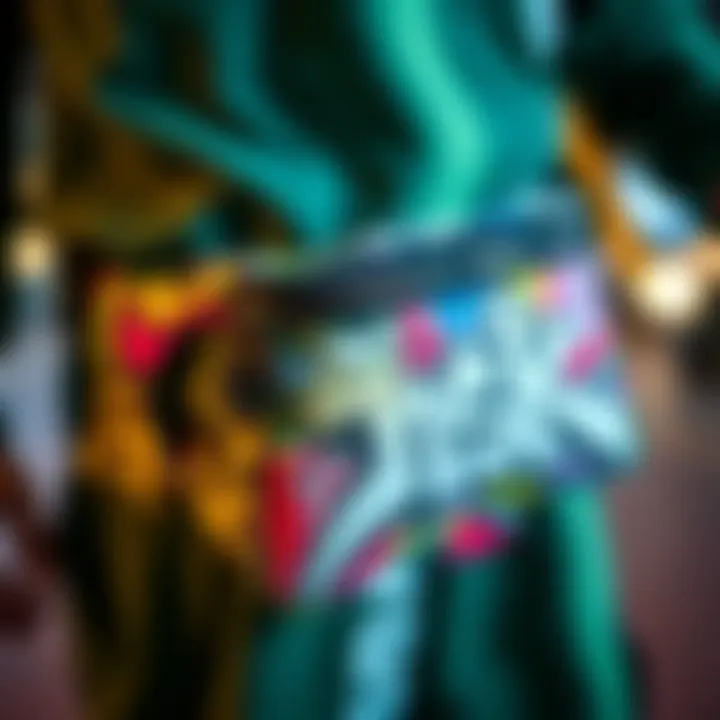 Close-up of a customized fanny pack with graffiti art