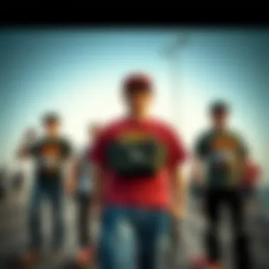 A group of skateboarders showcasing their fanny packs