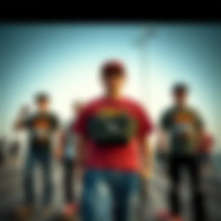 A group of skateboarders showcasing their fanny packs