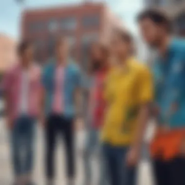 Group of skateboarders wearing colorful button-up shirts in an urban setting