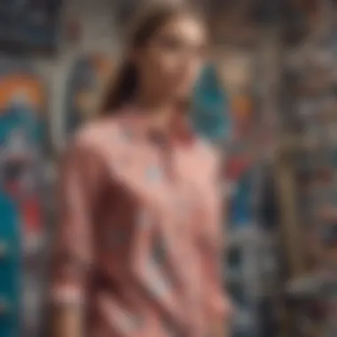 A stylish button-up shirt displayed against a backdrop of skateboards