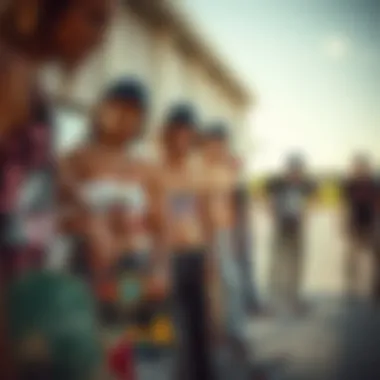 Collective Style: Skateboarders in Graphic Tube Tops Group of skateboarders showcasing their graphic tube tops