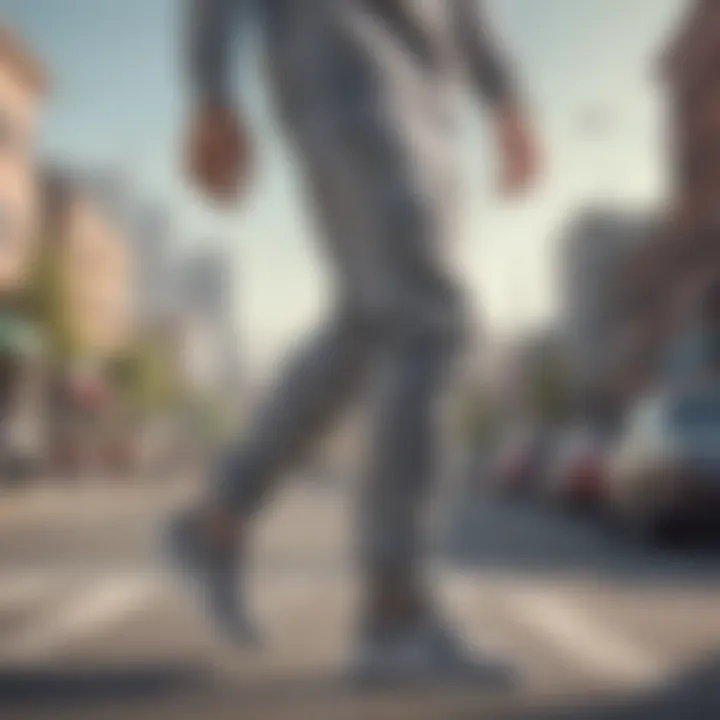 Stylish gray jogger sweatpants in an urban skateboarding setting