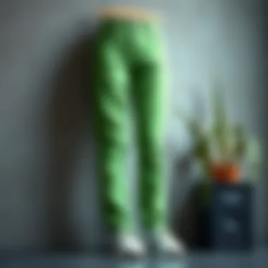 A stylish pair of green denim pants showcased against a textured backdrop.