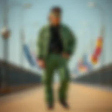 An ensemble featuring green denim pants paired with various accessories.