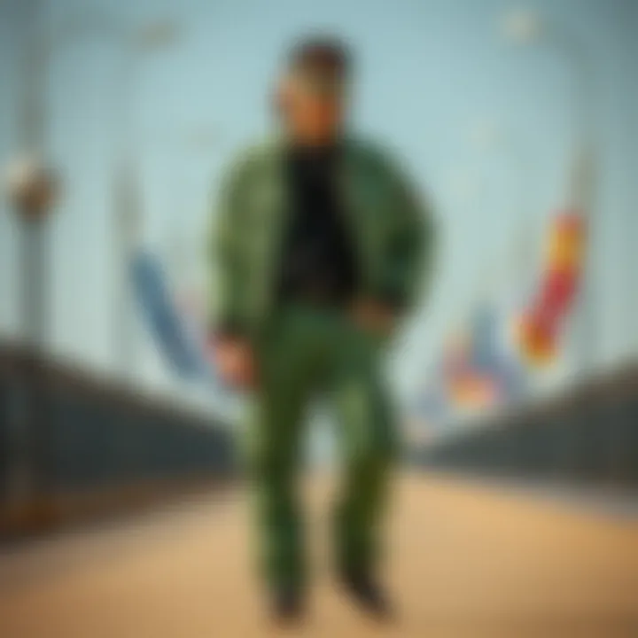 An ensemble featuring green denim pants paired with various accessories.