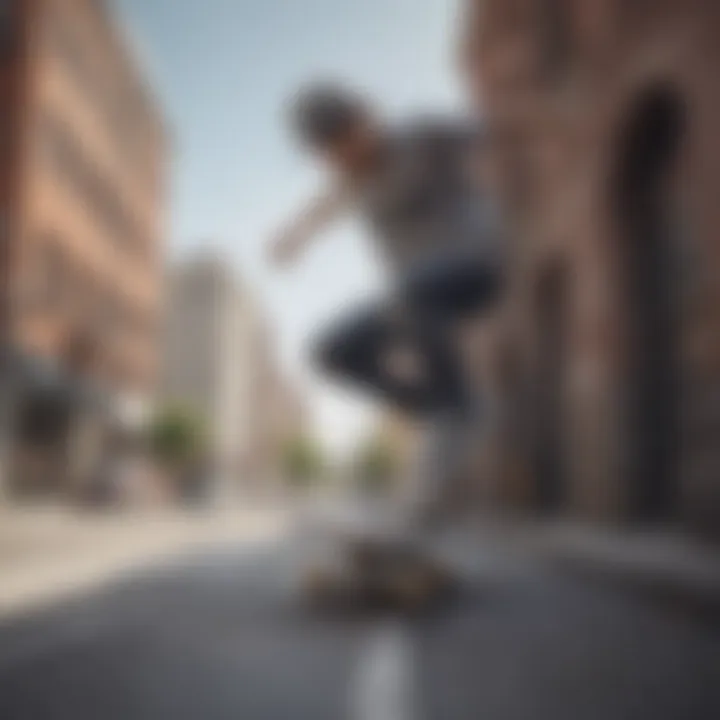 A skateboarder wearing grey low top Vans performing a trick in an urban environment.