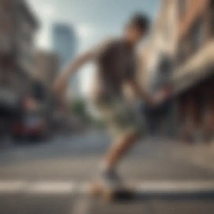 A stylish skateboarder wearing uniquely crafted shorts in an urban setting.