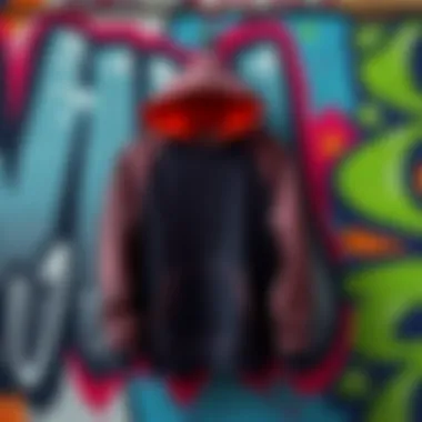 A stylish hoodie hanging against a graffiti wall, highlighting urban fashion