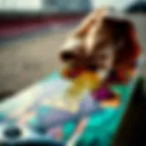 Hoodie Over Skateboard Deck A vibrant skateboard deck with a hoodie draped over it, showcasing style and culture