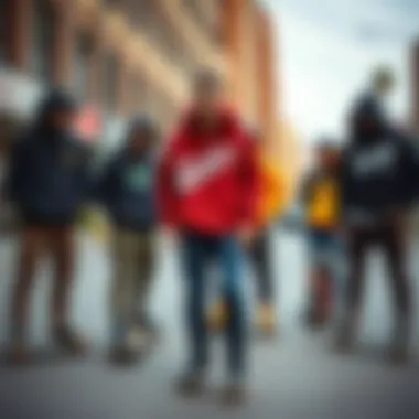 A group of skateboarders wearing various hoodie styles in an urban environment
