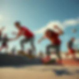 A vibrant skateboarding scene depicting diverse skaters in action