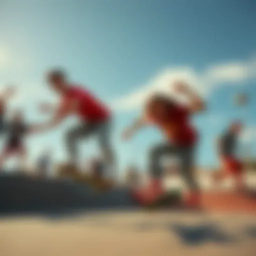 A vibrant skateboarding scene depicting diverse skaters in action