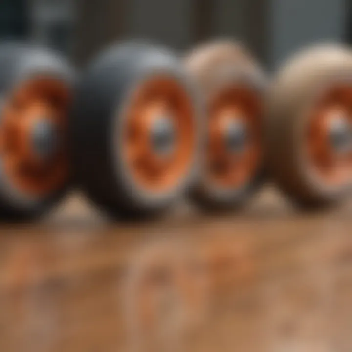 Comparison of Impala Roller Skate Wheel Types Comparison of different Impala roller skate wheel types arranged on a wooden surface.