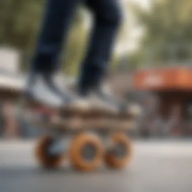 Skater Performing Tricks on Impala Wheels Side view of a skater performing tricks on Impala roller skate wheels at a skate park.