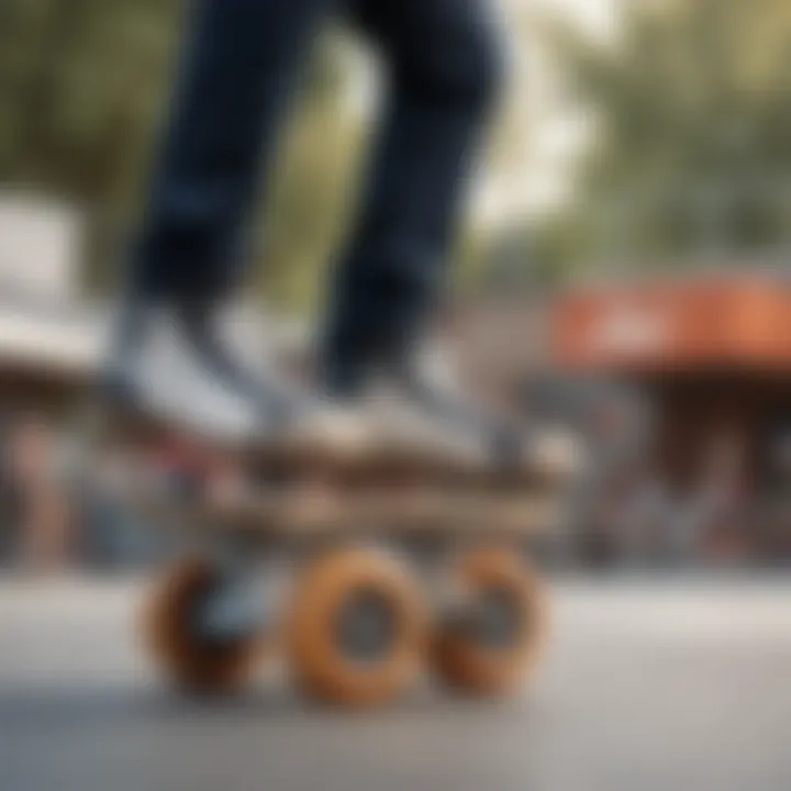 Skater Performing Tricks on Impala Wheels Side view of a skater performing tricks on Impala roller skate wheels at a skate park.