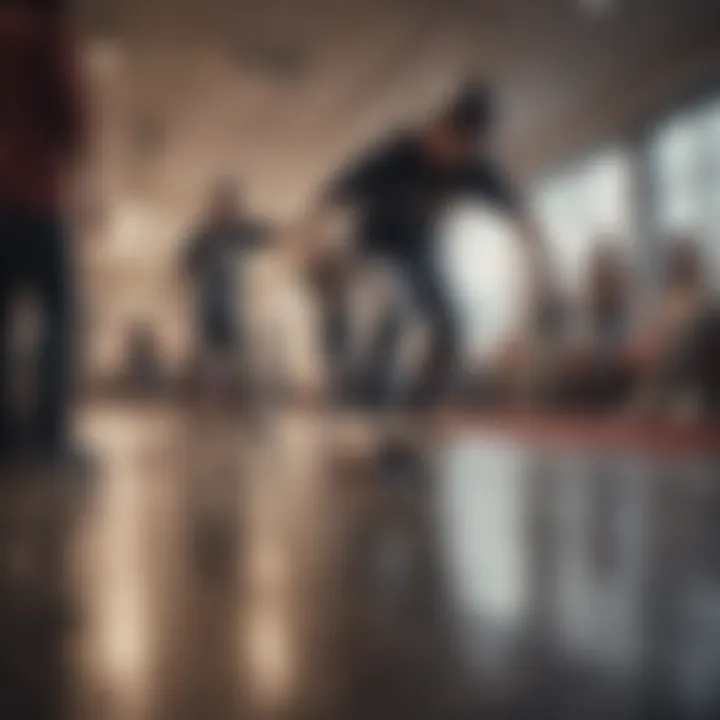 A group of skaters enjoying and interacting within an indoor skate environment.