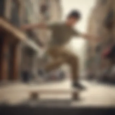 A skater demonstrating tricks in khaki bottoms